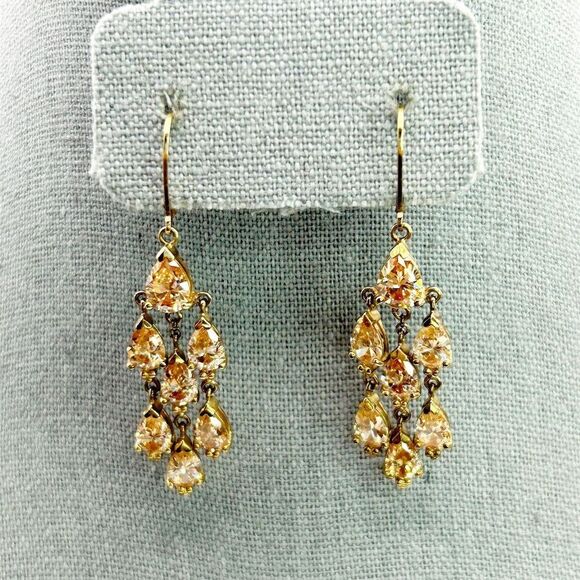 Vintage Art Deco 925 Gold Chandelier Earrings Cubic Zirconia Rhinestones Classic - Picture 1 of 9